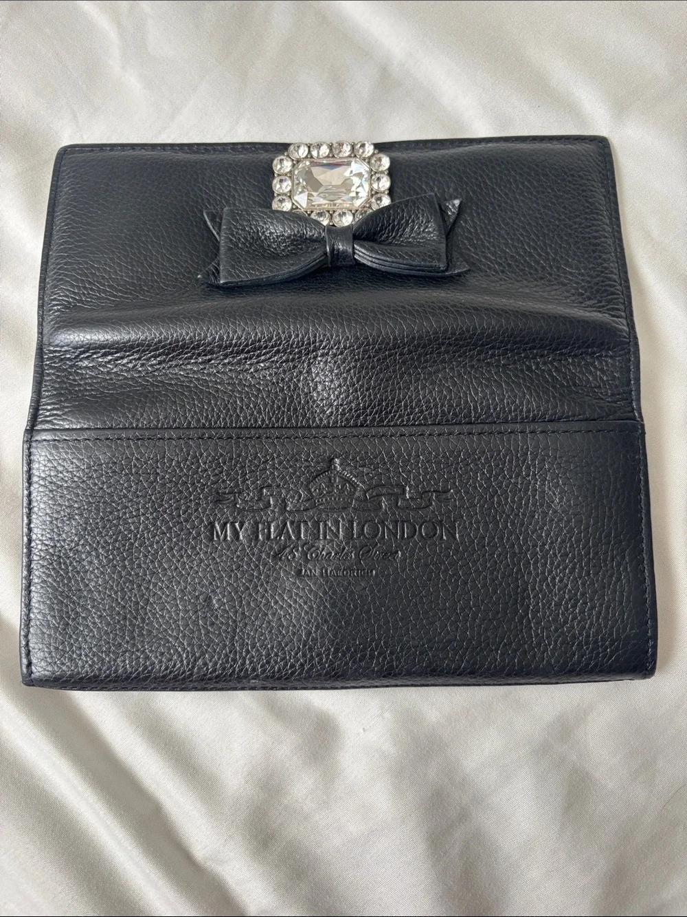 My Flat in London Black Leather Bow Wallet with Crystal Accent